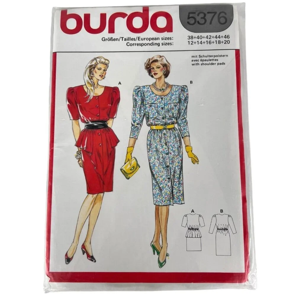 Burda 5376 Sewing Pattern Misses Dresses With Peplum‎ Shoulder Pads Size 12 - 20
